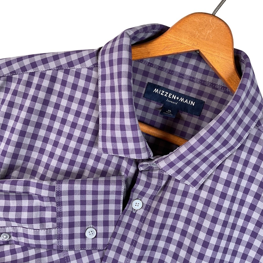 Mizzen + Main Leeward Shirt Mens XL Purple Gingham Trim Fit 1WS-0470 Excellent